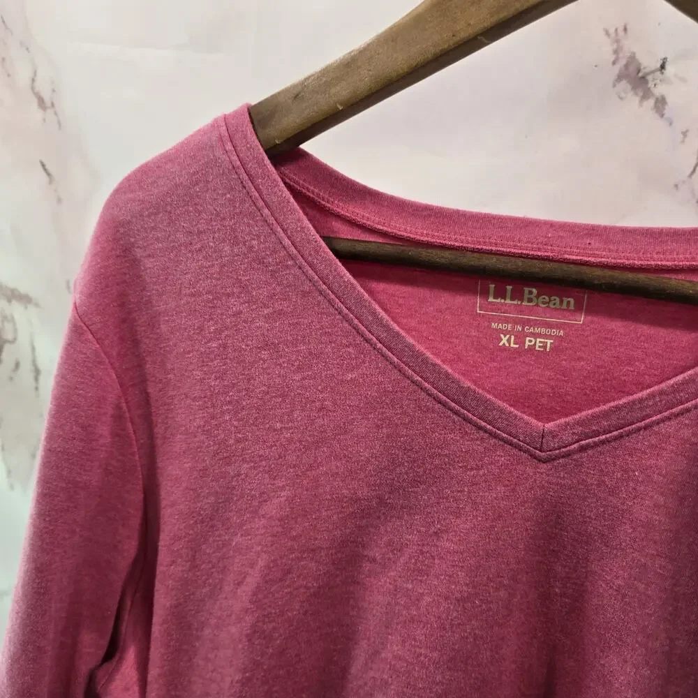 LL Bean Shirt Womens XL Petite P Pink Three Quarter Sleeve V Neck